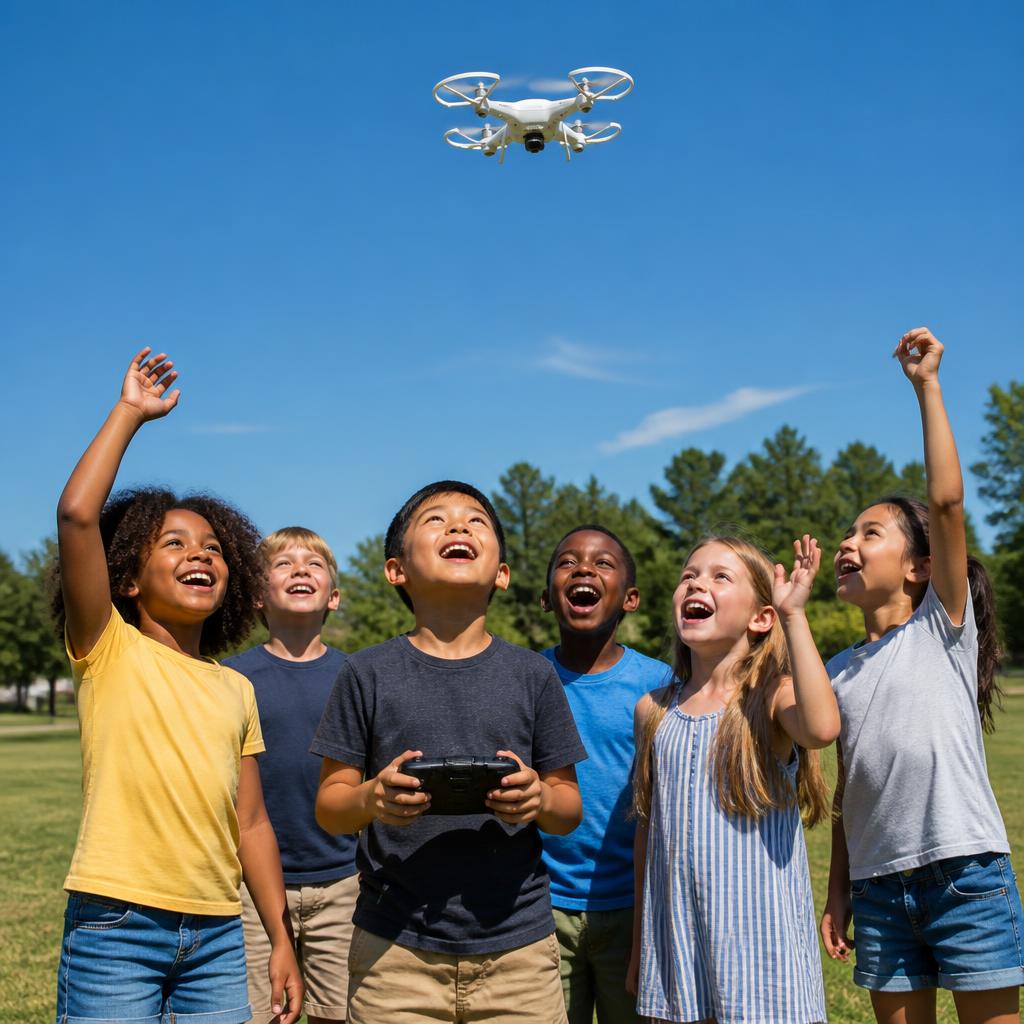 Cheerful kids flying colorful drones under a bright blue sky